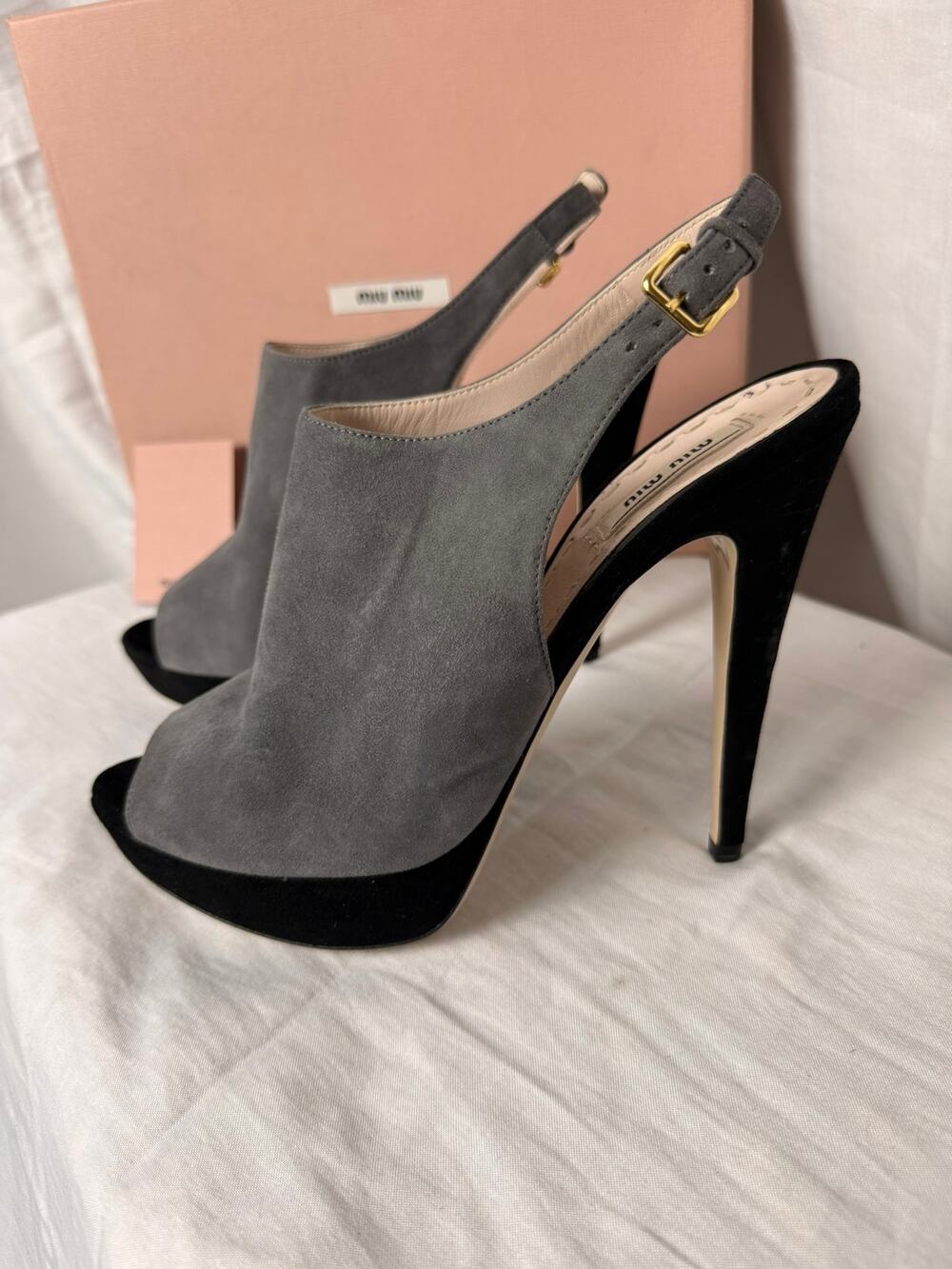 Miu Miu Archival 5XP316 Suede Platform Slingback Heels Gray Black 40